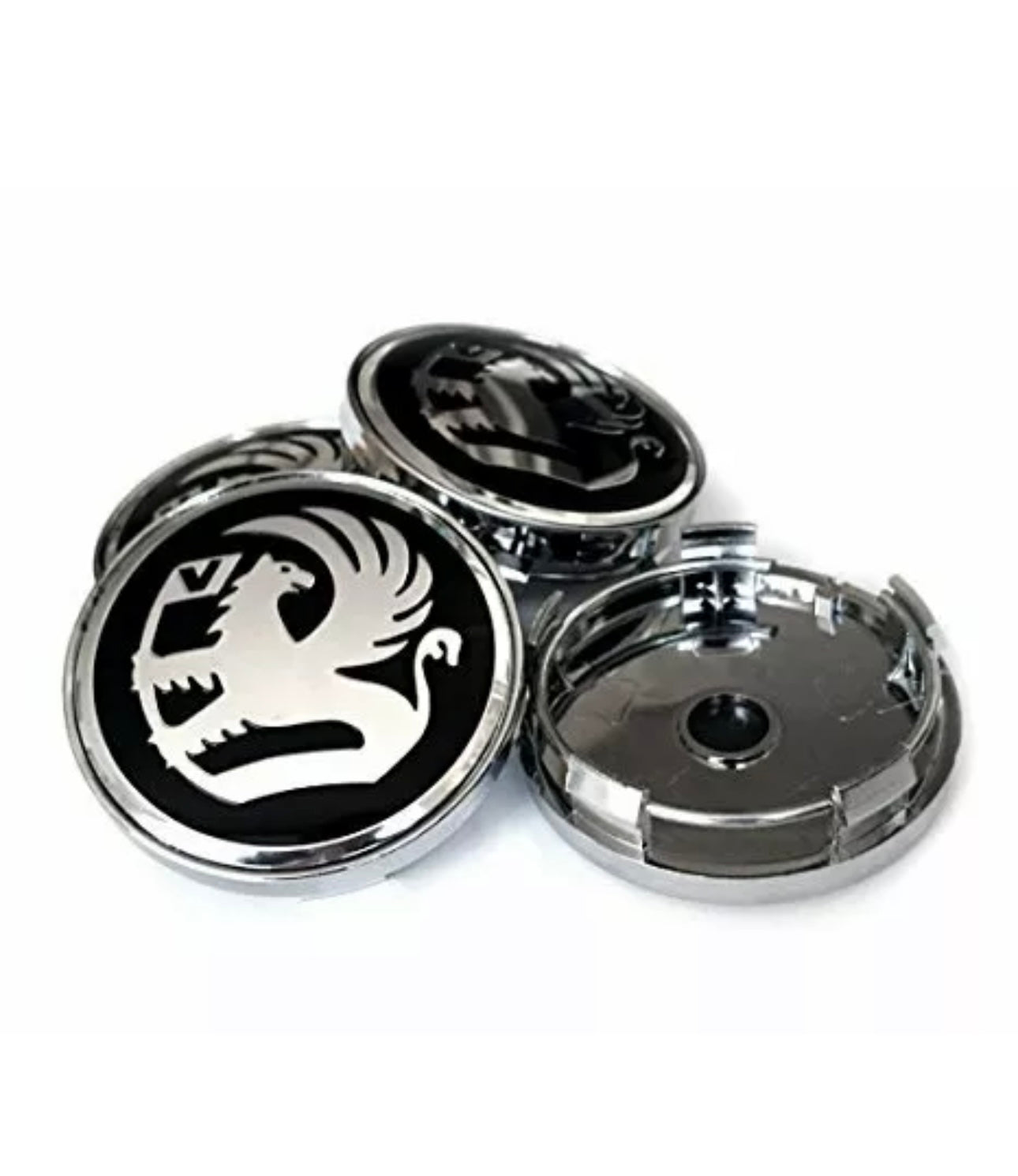 4x VAUXHALL ALLOY WHEEL CENTRE HUB CAPS BLACK-CHROME 60mm ADAM CORSA ASTRA VXR