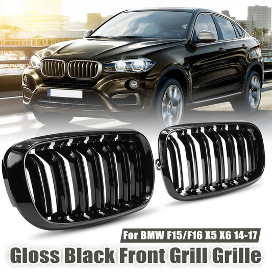 1 Pair Car Glossy/Matte Black Front Bumper Double 2 Slat Kidney Grilles For BMW F15 F16 X5 X6 F85 F86 X5M X6M 2014-2017 Grilles