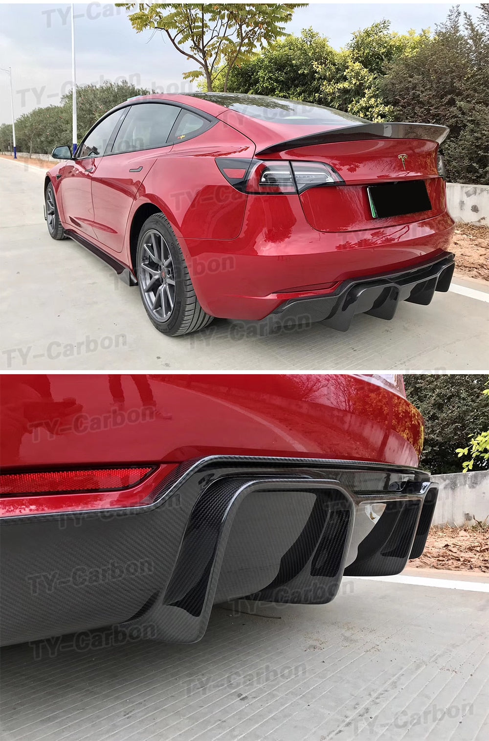 Carbon Fiber/Bright Black Rear Bumper Diffuser Spoiler Chin for Tesla Model 3 Rear Lip Diffuser Splitter Protector 2016-2021