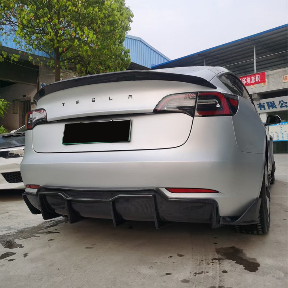 Carbon Fiber/Bright Black Rear Bumper Diffuser Spoiler Chin for Tesla Model 3 Rear Lip Diffuser Splitter Protector 2016-2021